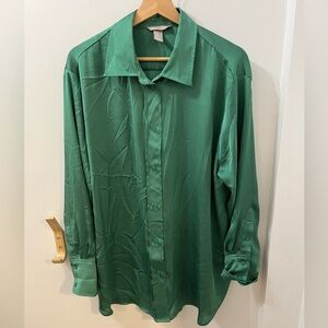 H&M Green Satin Button Up Long Sleeve Shirt